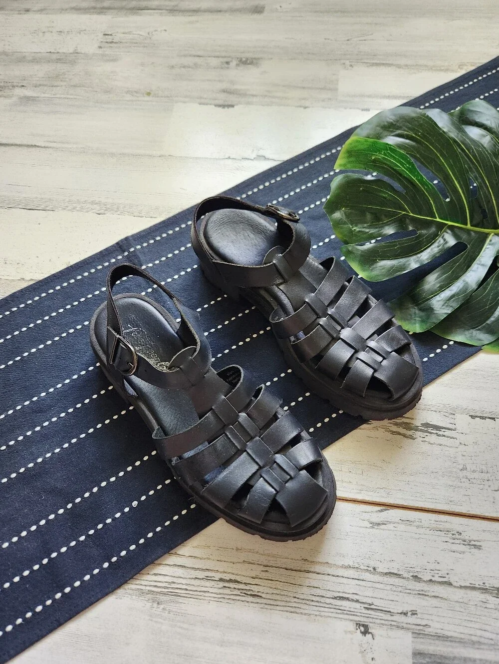 Free People Delaney Fisherman Platform Sandals Leather Black Size 39 US 8.5